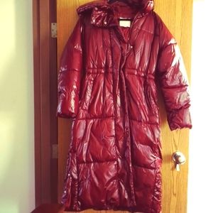 Women's A New Day Duvet Wet Look Berry Red Long Puffer Coat Size M